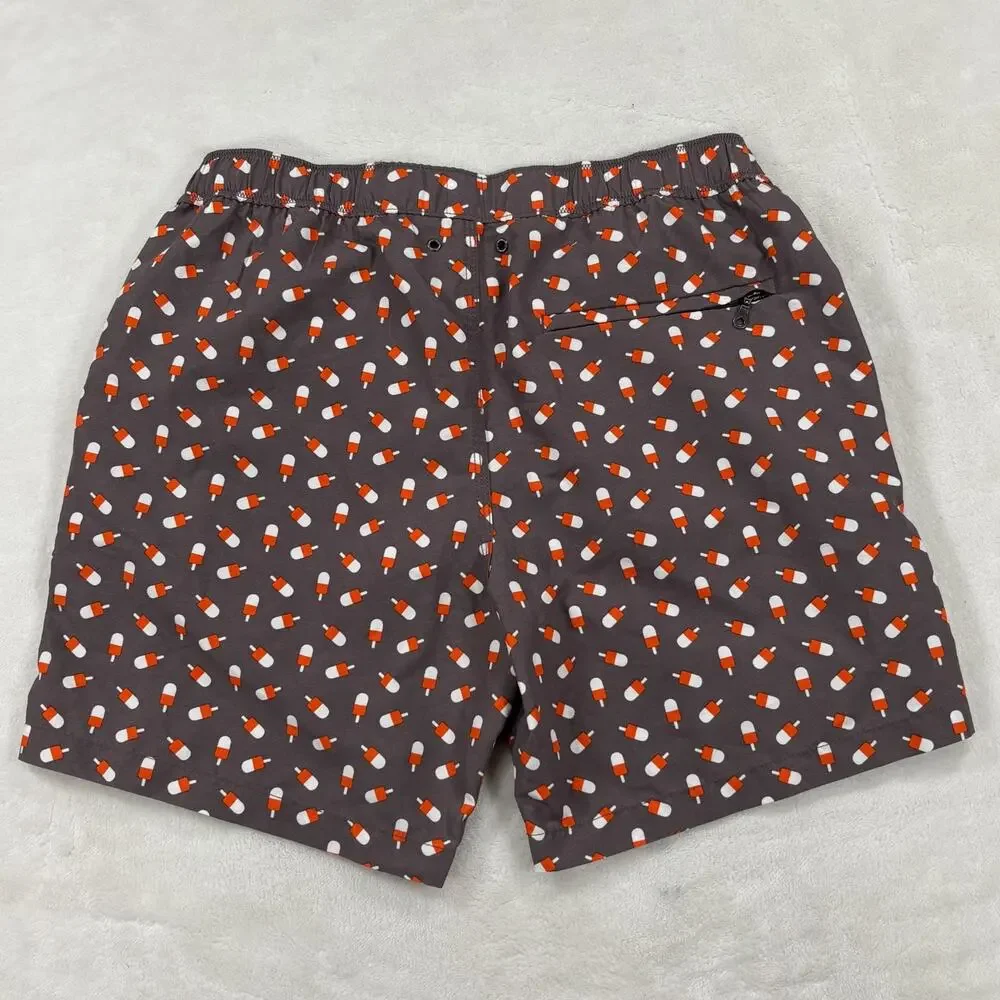 Tom & Teddy Mens Swim Shorts Grey Orange Popsicle Print Drawstring Mesh Lined M
